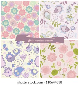 Set seamless pattern flowers and birds