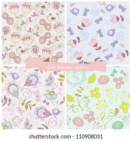 Set seamless pattern flowers and birds