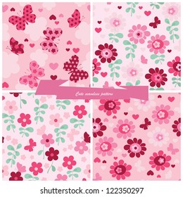Set seamless pattern flowers, butterfly and hearts.