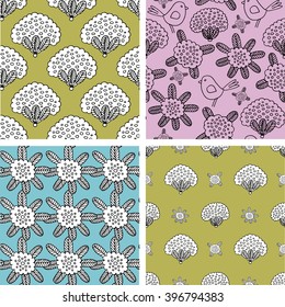Set of seamless pattern with flowers. Color.