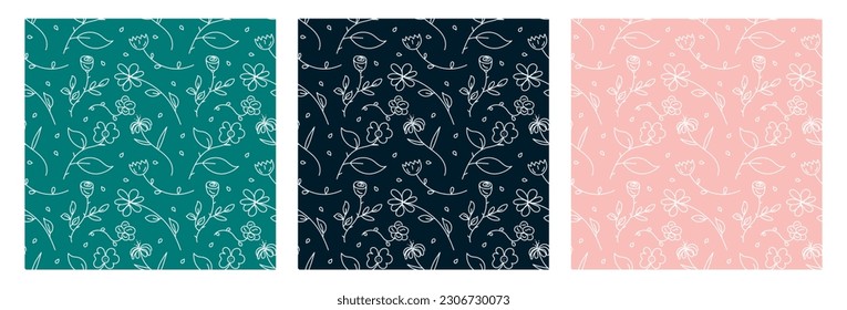 Conjunto de patrones sin fisuras con flores de estilo doodle. Textura interminable con motivos florales dibujada a mano en diferentes colores. Esbozo de plantas florales. Ilustración del vector