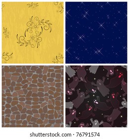 Set seamless pattern with flowers, halloween ghosts, stones, stars and lights. 10 EPS Vector.