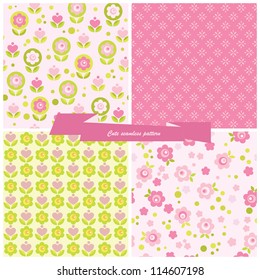 Set seamless pattern flowers and hearts.