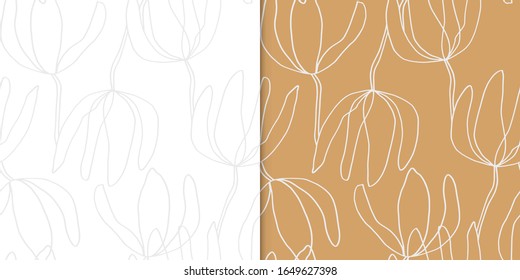 Set of seamless pattern with flowers on white and yellow background. Floral texture is perfect for backgraound, textile, wallpaper, cards, invitations.