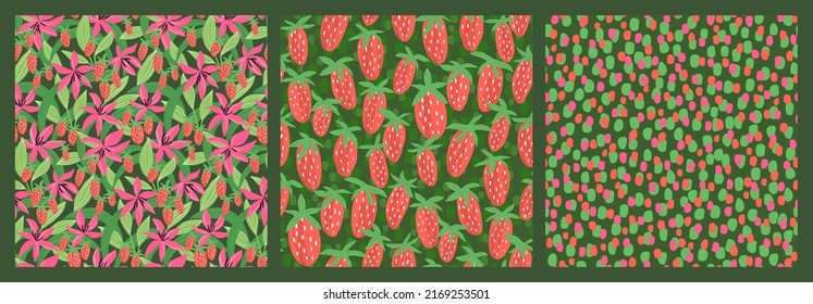 Conjunto de patrones sin fisuras con flores, fresas y formas abstractas. Coloridas ilustraciones de moda para papel y envoltura de regalo. Diseño texturizado de impresión de tejidos. Colección de fondos creativos y elegantes.