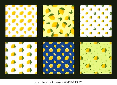 Set seamless pattern with Fresh yellow lemon and green leaf.  citrus lemon pattern on white, green and yellowk background. Collection Vector pattern.