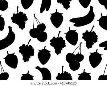 Set of seamless pattern with fruit. Black and white contour fruits. Vector background.