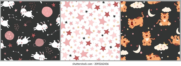 A set of seamless pattern of funny funny bunnies and tigers in space. Planets, rabbits, stars, clouds, comets in the dark night sky. Children's print with animals. Vector graphics.