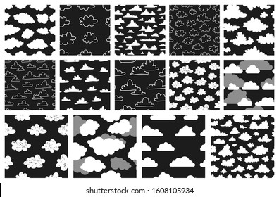 Set of seamless pattern with funny clouds in doodle style on black background. Hand drawn illustration cartoon sky. Creative art work. Actual vector weather drawing