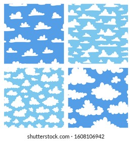 Set of seamless pattern with funny clouds in cartoon style on blue background. Hand drawn illustration  sky. Creative art work. Actual vector weather drawing