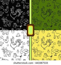 Set of seamless pattern of funny farm animals. contour drawing drawn freehand.white on black, black on green, white and yellow