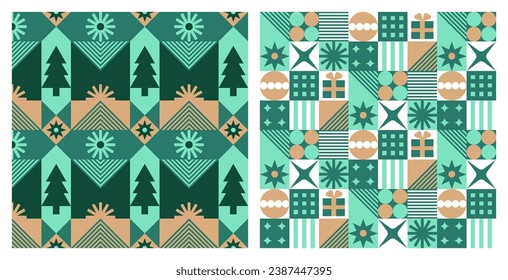   Set of Seamless pattern with geometric Christmas motifs. Repeatable pattern tile design for winter holidays in neo geo style. For wrapping paper, wallpaper, textile,  background.Vector