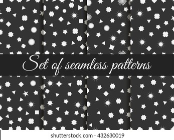 Set seamless pattern with geometric figures. Squares, triangles, hexagons and stars.