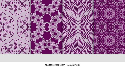 set of seamless pattern with geometric floral style background. for printing on fabric, paper for scrapbooking, wallpaper, cover, page book. vector illustration. purple color