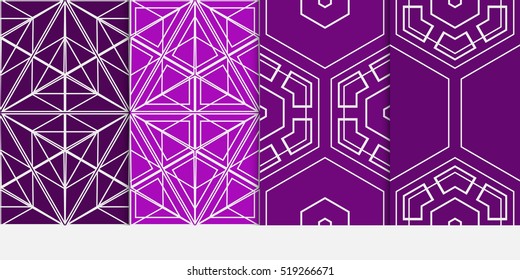 set of seamless pattern. geometry shape triangle, hexagon. vector illustration. modern ornament. For design, wallpaper, background fills, card, banner. purple color