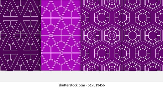 set of seamless pattern. geometry shape triangle, hexagon. vector illustration. modern ornament. For design, wallpaper, background fills, card, banner. purple color