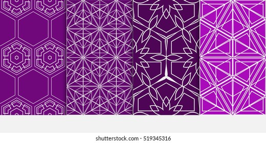 set of seamless pattern. geometry shape triangle, hexagon. vector illustration. modern ornament. For design, wallpaper, background fills, card, banner. purple color