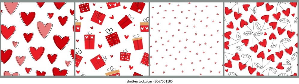 A set of seamless pattern gift boxes for Valentine's day, birthday, hearts, bows, cherry. Vector graphics.