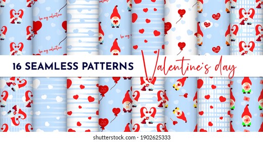 Set of Seamless pattern with gnome couple, heart, texture stripes. Valentines day background. Love concept. For wallpaper, gift box, scrapbooking, clothes fabric textile Vector cute backdrop