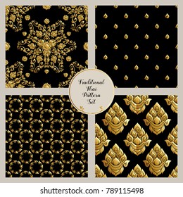 Set of seamless pattern with gold decorative elements of traditional Thai ornament. Stock vector illustration. 
