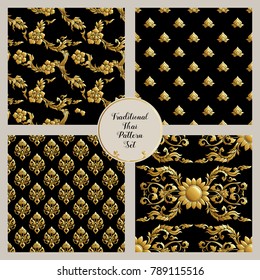 Set of seamless pattern with gold decorative elements of traditional Thai ornament. Stock vector illustration. 