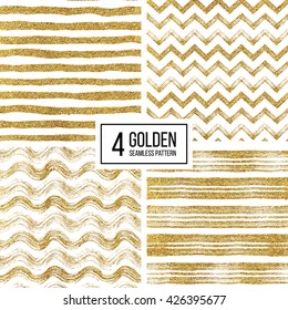 Set of seamless pattern of gold glitter stripes, zigzag chevron, wavy stripe, seamless texture golden lines, wave, zig zag stripe, hand drawn vector pattern for paper, card, invitation, wedding, web