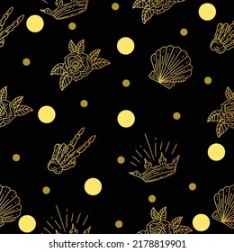 Setzen Sie nahtlose Muster Gold mystische Himmelsschlichte einfache Minimalismus Tattoo Symbol mit Gold Circle Object Space Doodle Esoteric Elements Vintage Illustration Dunkel schwarzer Hintergrund.