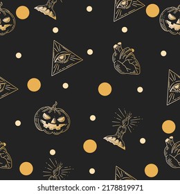 Set Seamless Pattern Gold Mystical Celestial Simple Minimalism Tattoo Symbol With Gold Random Circle Object Space Doodle Esoteric Elements Vintage Illustration Dark Gray Background.