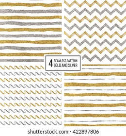 Set of seamless pattern of gold and silver stripes, zigzag chevron, wavy stripe, texture golden and silvern lines, wave, zig zag stripe, hand drawn vector pattern for textile, wallpaper, web, wrapping