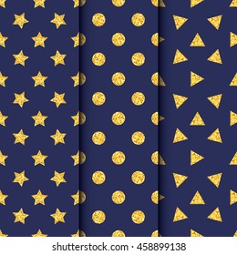 Set of seamless pattern with gold stars, triangles, dots on blue background. 