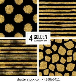 Set of seamless pattern of gold stripes or strokes, polka dots, mosaic spots, seamless texture golden lines, circle, point, stroke, hand drawn vector pattern for paper, card, invitation, wedding, web