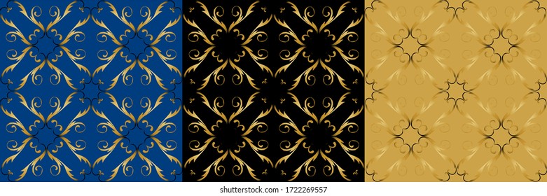 Set seamless pattern with golden acanthus leaves ornament. Classic luxury  fashioned damask ornament, royal Victorian pattern. Vector illustration