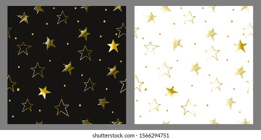 Set of seamless pattern with golden stars. Holiday pattern with golden stars on a black and white background