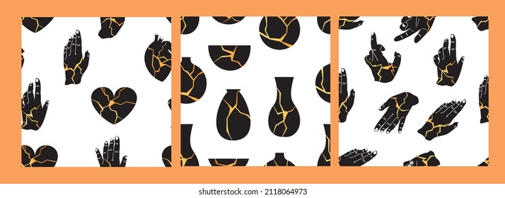 Set seamless pattern. Golden vector illustration of Kintsugi. Black human hand, heart and vase. Restoration of old dishes. A stylish element for your wallpaper, banner, print design.