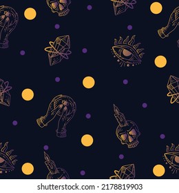 Set Seamless Pattern Gradient Yellow and Purple Mystical Celestial Simple Minimalism Tattoo Symbol With Yellow Circle Object Space Doodle Esoteric Elements Vintage Illustration Dark Purple Background.