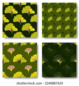 Set of seamless pattern with green Ginkgo leaves. Ecological and natural vector patterns are suitable for packaging organic and healthy food, natural cosmetics and vegan products.