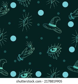 Set Seamless Pattern Greenish Blue Mystical Celestial Simple Minimalism Tattoo Symbol With Blue Circle Object Space Doodle Esoteric Elements Vintage Illustration Tosca Background.