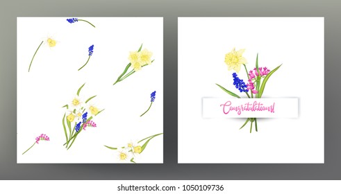 Set of seamless pattern and greeting card with a bouquet of spring flowers and the inscription "Congratulations!". Vector illustration without gradients and transparency.