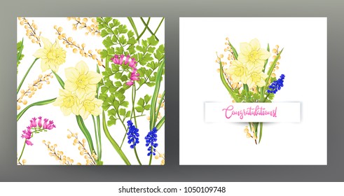Set of seamless pattern and greeting card with a bouquet of spring flowers and the inscription "Congratulations!". Vector illustration without gradients and transparency.
