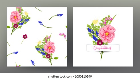 Set of seamless pattern and greeting card with a bouquet of spring flowers and the inscription "Congratulations!". Vector illustration without gradients and transparency.