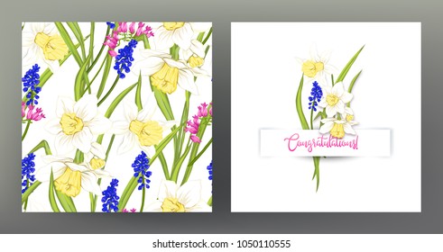 Set of seamless pattern and greeting card with a bouquet of spring flowers and the inscription "Congratulations!". Vector illustration without gradients and transparency.