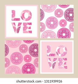 Set of seamless pattern and greeting card for Valentine's Day, wedding, Mother's Day, International Women's Day, birthday. Vector.