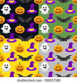 Set of seamless pattern for Halloween, pumpkin, ghost, witch hat and a bat