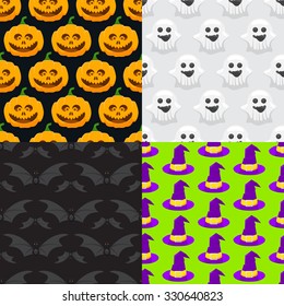Set of seamless pattern for Halloween, pumpkin, ghost, witch hat and a bat