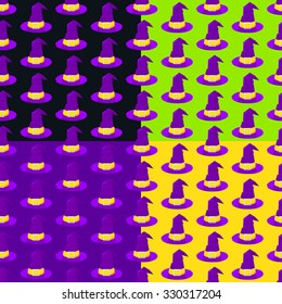 Set of seamless pattern for Halloween with a witch hat