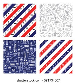 Set of Seamless pattern with hand dawn barbershop equipment and elements. Back ground for hairdressing salon. Hand drawn lettering ink.