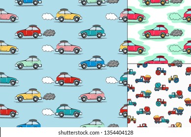 Set of Seamless pattern with hand drawn colorful cars and trucks.  Perfect for kids fabric, textile, nursery wallpaper 