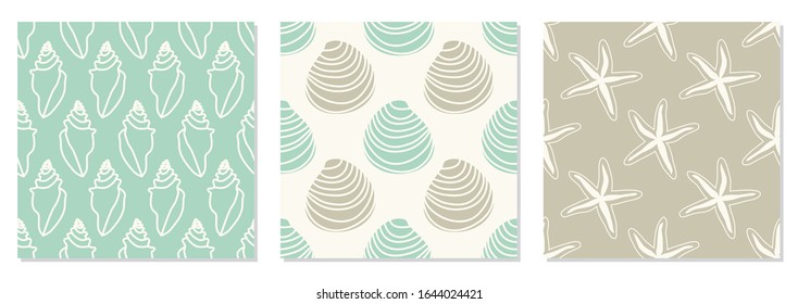 Set of seamless pattern with hand drawn seashells and sea stars, neutral colors marine theme vector illustration in minimal scandinavian style, ideal for interior design, textile, fabrics etc