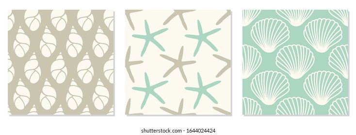 Set of seamless pattern with hand drawn seashells and sea stars, neutral colors marine theme vector illustration in minimal scandinavian style, ideal for interior design, textile, fabrics etc