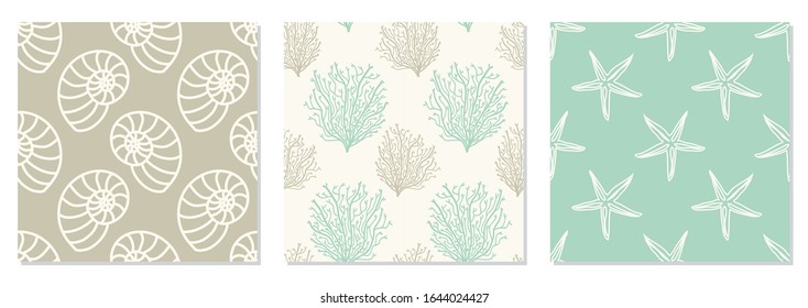 Set of seamless pattern with hand drawn seashells and sea stars, neutral colors marine theme vector illustration in minimal scandinavian style, ideal for interior design, textile, fabrics etc